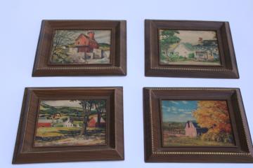 catalog photo of mid century vintage decorator wall art, four mini prints rustic country barns & village scene 