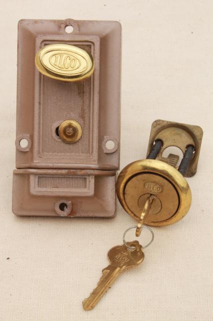 photo of mid century vintage door dead lock  w/ keys surface mounting deadbolt hardware #1