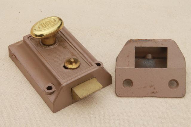 photo of mid century vintage door dead lock  w/ keys surface mounting deadbolt hardware #4