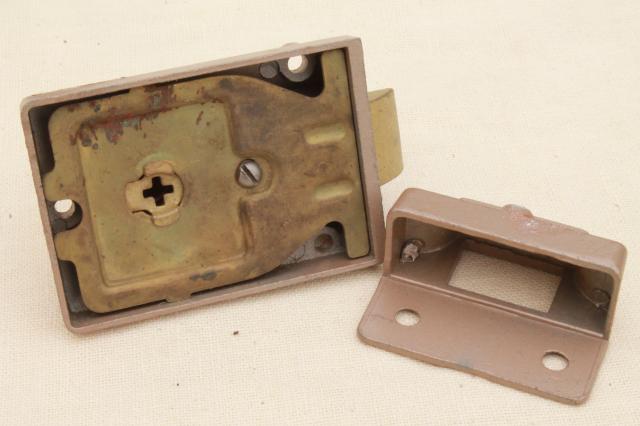 photo of mid century vintage door dead lock  w/ keys surface mounting deadbolt hardware #5