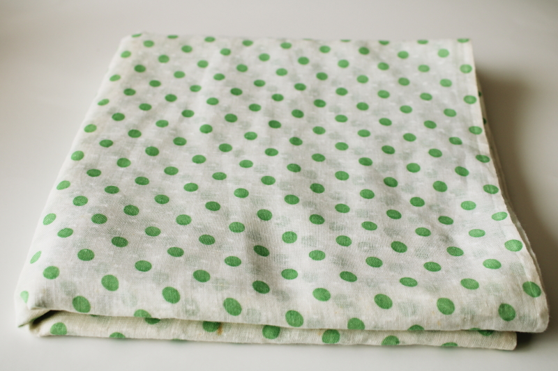 photo of mid-century vintage dotted swiss cotton fabric, jade green polka dots print on white #1