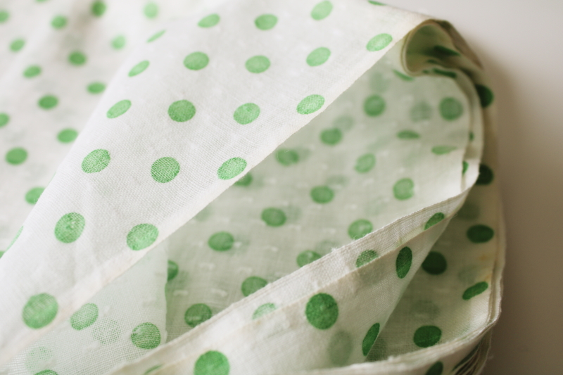 photo of mid-century vintage dotted swiss cotton fabric, jade green polka dots print on white #2