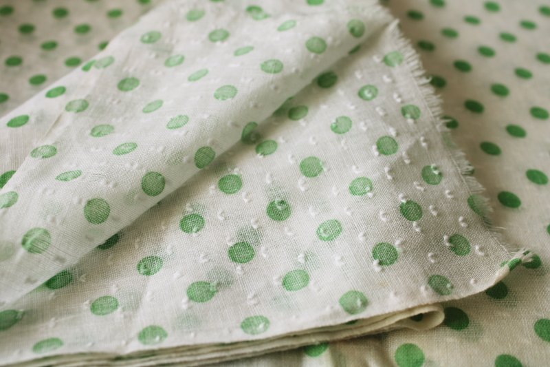 photo of mid-century vintage dotted swiss cotton fabric, jade green polka dots print on white #3