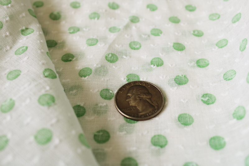 photo of mid-century vintage dotted swiss cotton fabric, jade green polka dots print on white #5