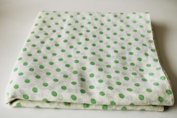 catalog photo of mid-century vintage dotted swiss cotton fabric, jade green polka dots print on white