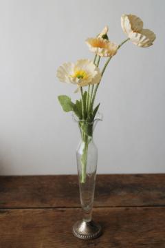 catalog photo of mid century vintage etched crystal bud vase w/ sterling silver foot, weighted base 