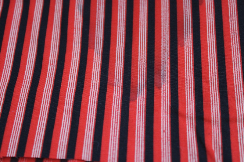 photo of mid century vintage fabric, art deco bold stripe in black & white on red, menswear cotton #4