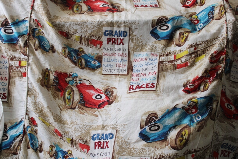 photo of mid-century vintage fabric, large scale print Grand Prix racing race cars & drivers  #1