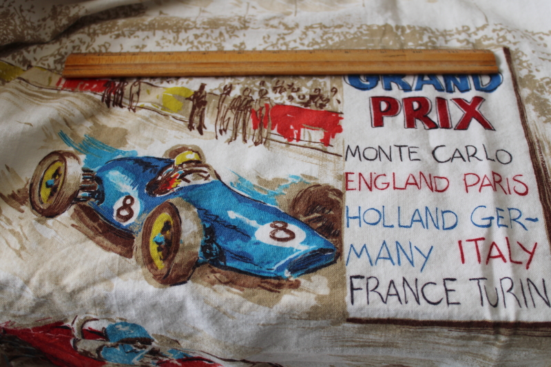 photo of mid-century vintage fabric, large scale print Grand Prix racing race cars & drivers  #3