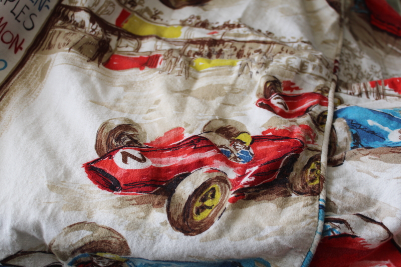 photo of mid-century vintage fabric, large scale print Grand Prix racing race cars & drivers  #6