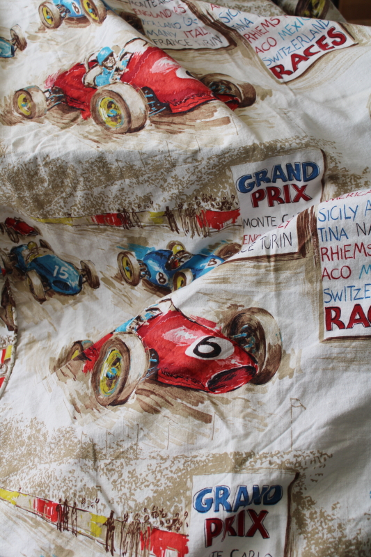 photo of mid-century vintage fabric, large scale print Grand Prix racing race cars & drivers  #7