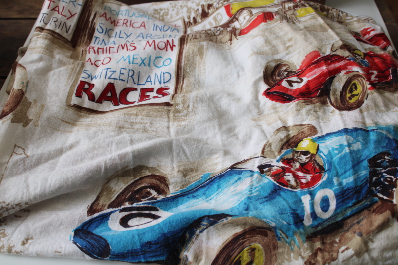 photo of mid-century vintage fabric, large scale print Grand Prix racing race cars & drivers  #8