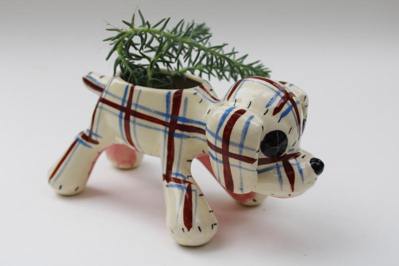 photo of mid-century vintage figural pottery planter, hand painted plaid puppy dog #1