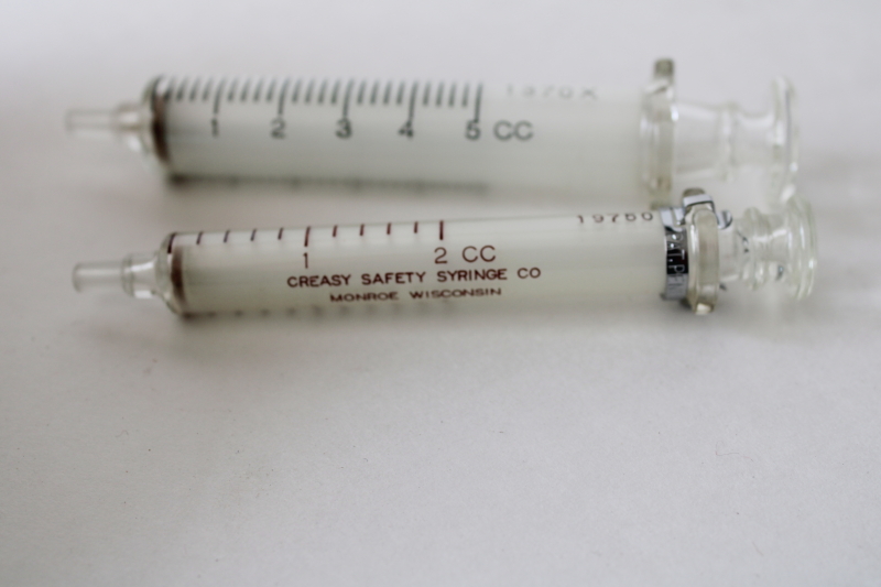 photo of mid century vintage glass syringes 5 ml & 2 ml Creasy Syringe Co Monroe Wisconsin  #3