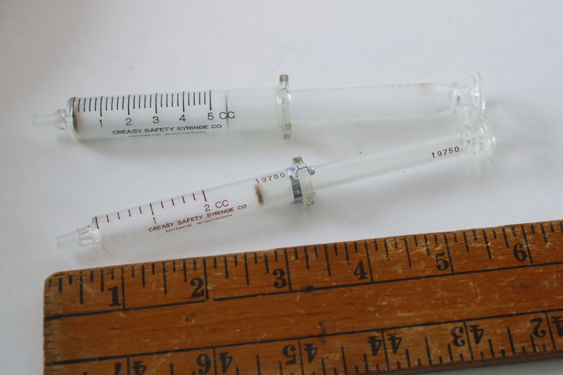 photo of mid century vintage glass syringes 5 ml & 2 ml Creasy Syringe Co Monroe Wisconsin  #6
