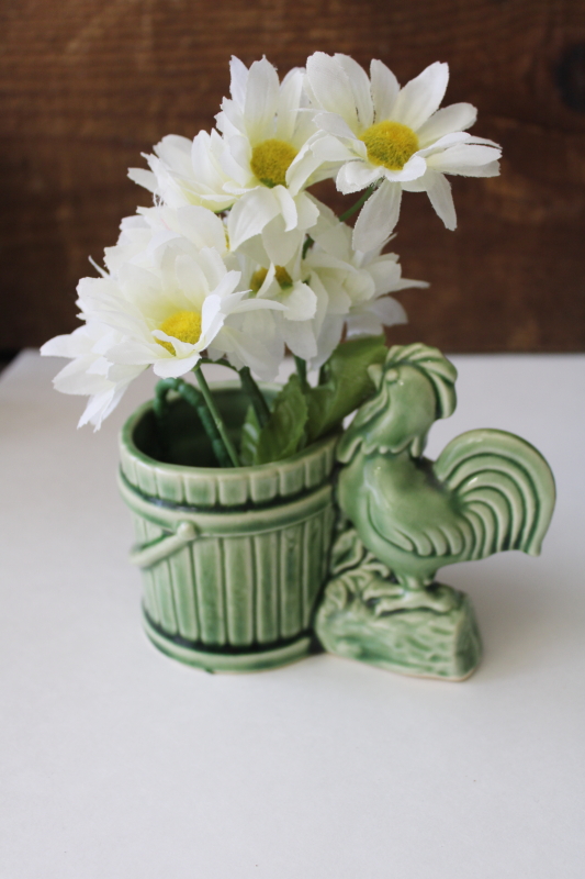 photo of mid-century vintage green glaze pottery planter pot, crowing rooster w/ old bucket #2