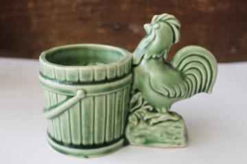 catalog photo of mid-century vintage green glaze pottery planter pot, crowing rooster w/ old bucket