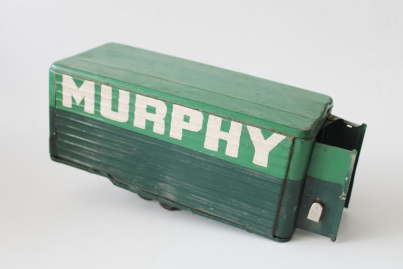 photo of mid-century vintage green tin toy truck box trailer painted Murphy, needs wheels #1