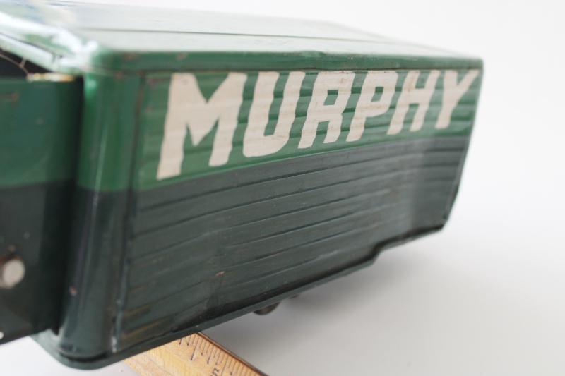 photo of mid-century vintage green tin toy truck box trailer painted Murphy, needs wheels #3