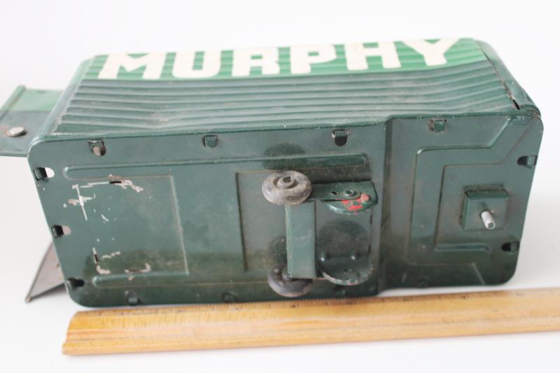 photo of mid-century vintage green tin toy truck box trailer painted Murphy, needs wheels #4