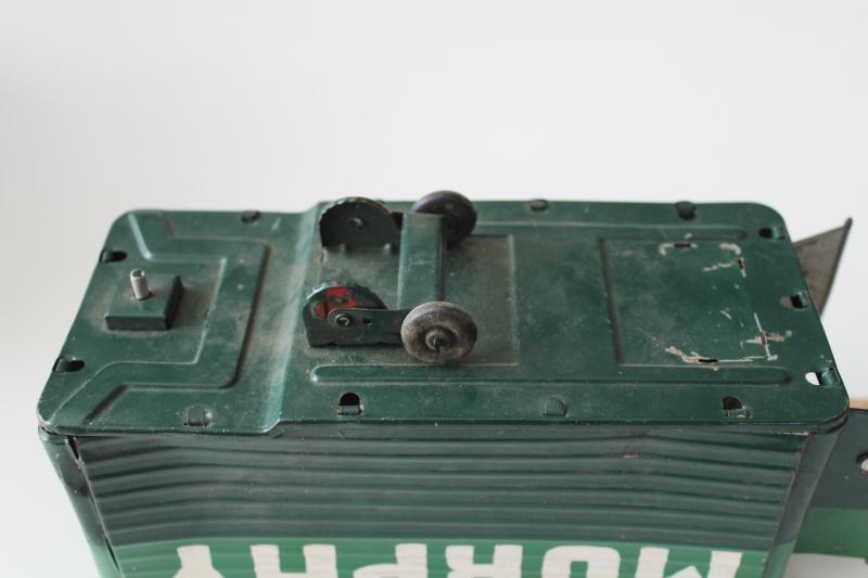 photo of mid-century vintage green tin toy truck box trailer painted Murphy, needs wheels #6