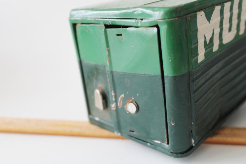 photo of mid-century vintage green tin toy truck box trailer painted Murphy, needs wheels #7