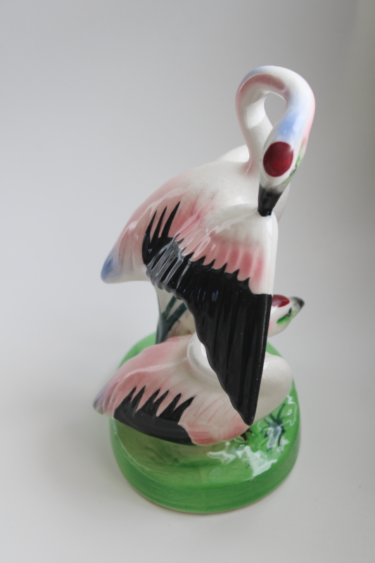 photo of mid century vintage hand painted ceramic figurine, Japanese red crowned cranes good fortune birds #2
