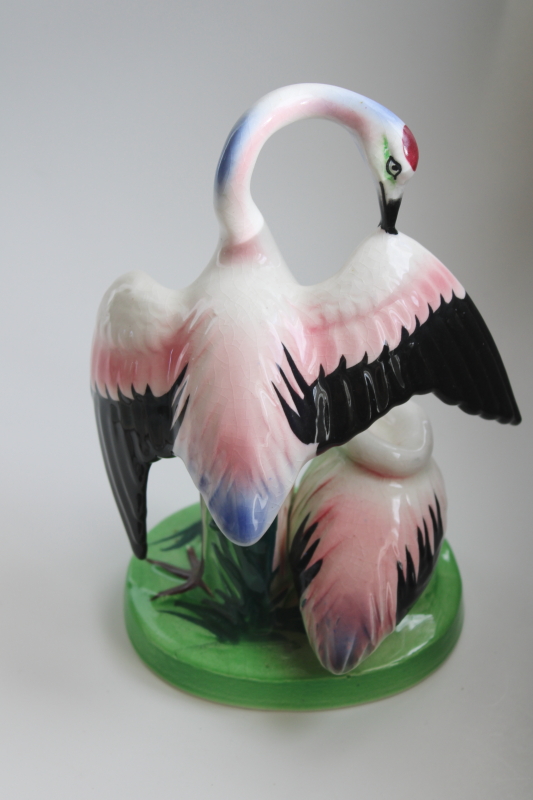 photo of mid century vintage hand painted ceramic figurine, Japanese red crowned cranes good fortune birds #3