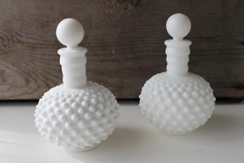 photo of mid-century vintage hobnail milk glass cologne bottles w/ glass stoppers #1