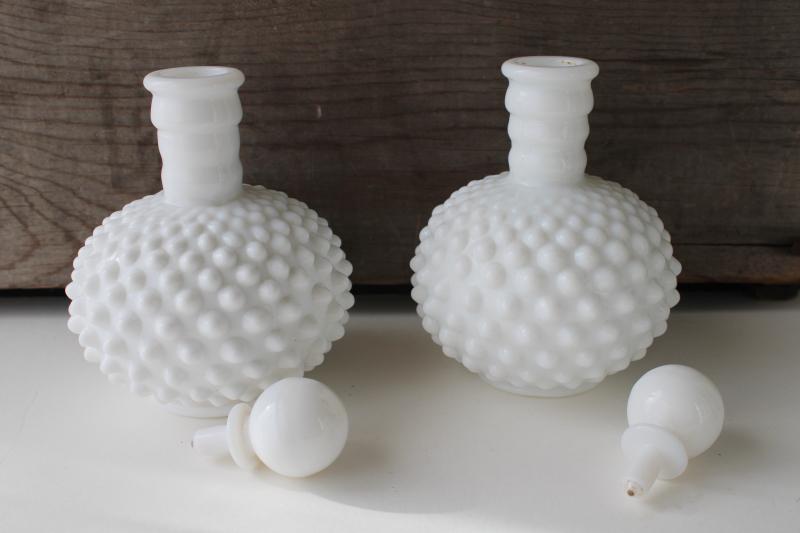 photo of mid-century vintage hobnail milk glass cologne bottles w/ glass stoppers #2