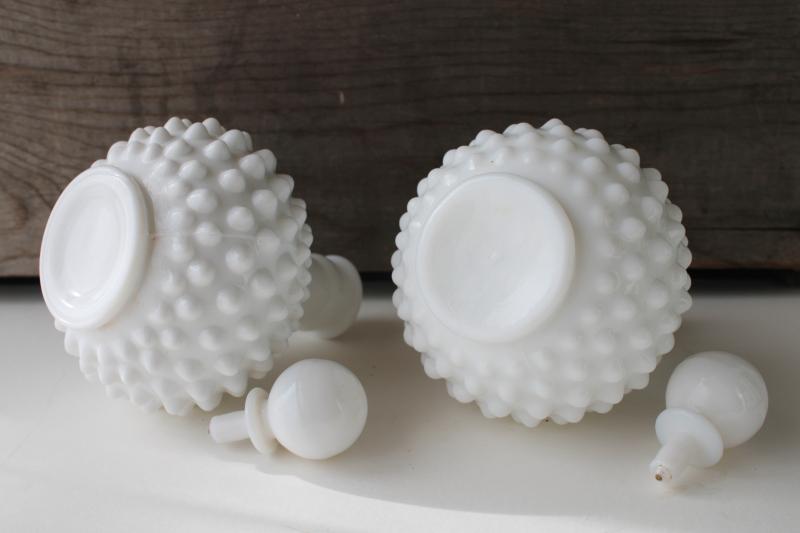 photo of mid-century vintage hobnail milk glass cologne bottles w/ glass stoppers #3