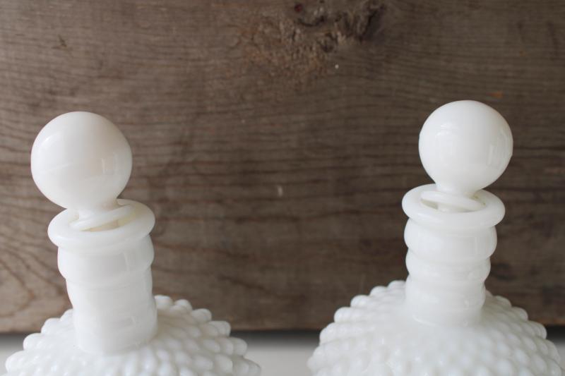 photo of mid-century vintage hobnail milk glass cologne bottles w/ glass stoppers #4