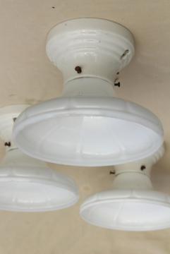 catalog photo of mid century vintage industrial ceiling light fixtures, white ironstone w/ milk glass shades