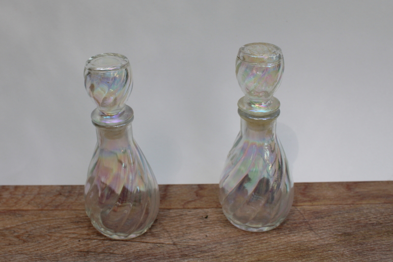 photo of mid-century vintage iridescent luster glass perfume bottles w/ glass stoppers #1