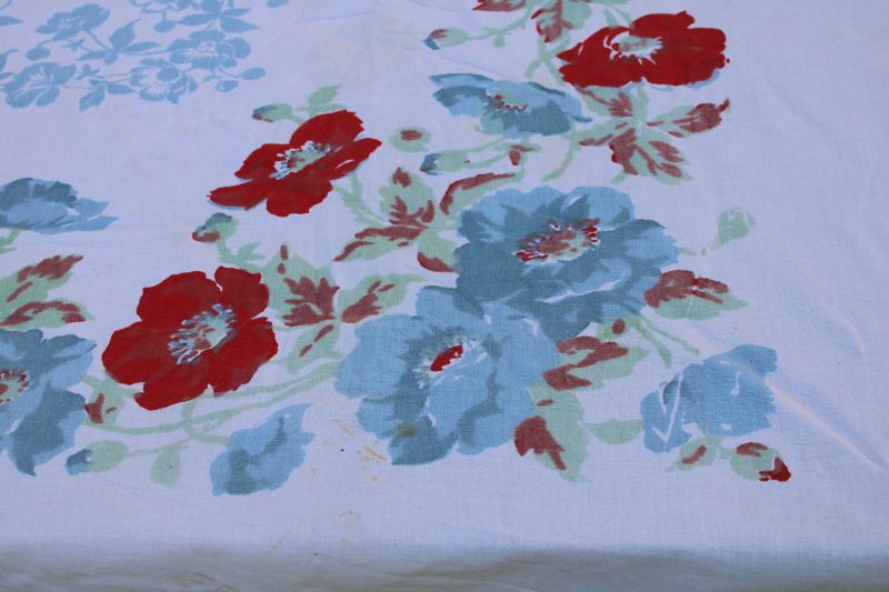 photo of mid century vintage kitchen tablecloth, red & blue flowers print all cotton fabric tablecloth  #2