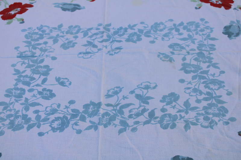 photo of mid century vintage kitchen tablecloth, red & blue flowers print all cotton fabric tablecloth  #3