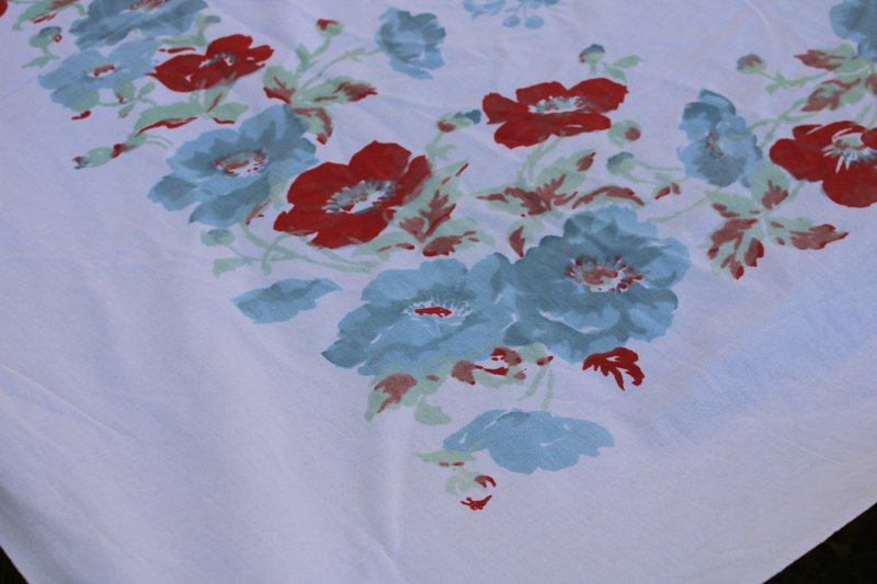 photo of mid century vintage kitchen tablecloth, red & blue flowers print all cotton fabric tablecloth  #5
