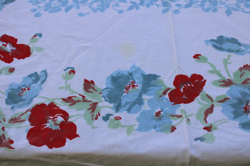 photo of mid century vintage kitchen tablecloth, red & blue flowers print all cotton fabric tablecloth  #6