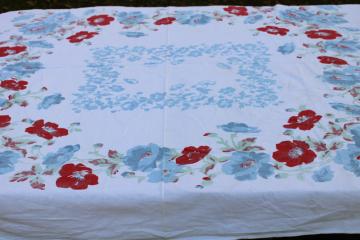mid century vintage kitchen tablecloth, red & blue flowers print all cotton fabric tablecloth 