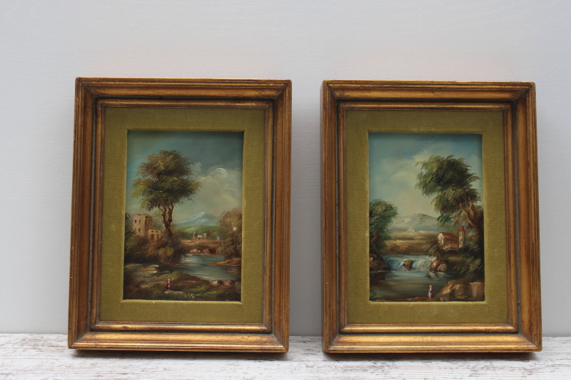 photo of mid century vintage landscape pictures, gold frames velvet matted paintings or painted prints  #1