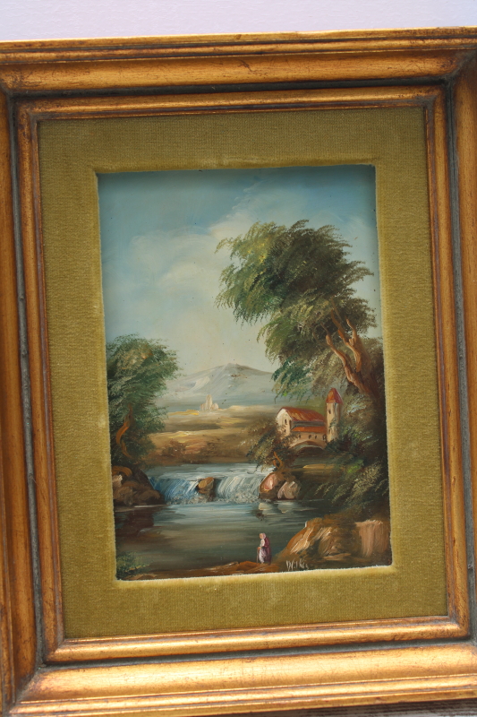 photo of mid century vintage landscape pictures, gold frames velvet matted paintings or painted prints  #2