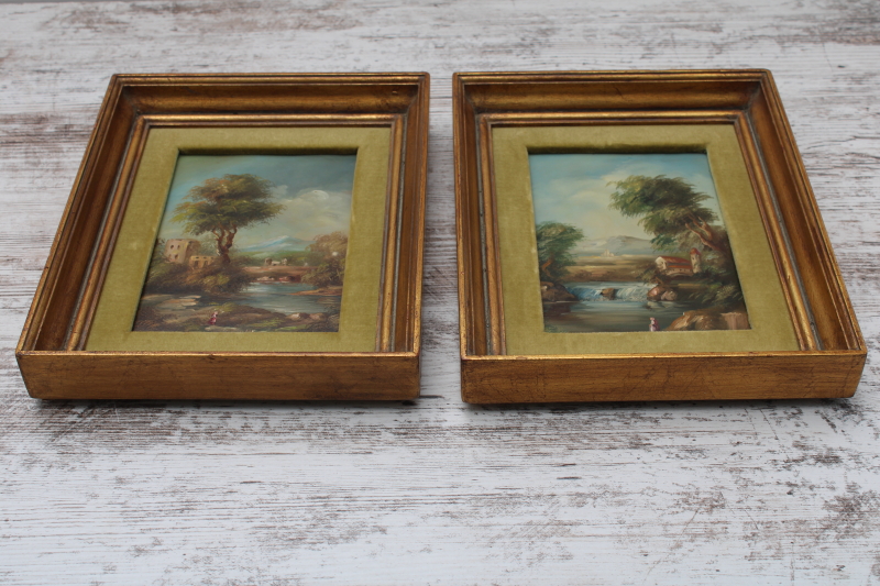 photo of mid century vintage landscape pictures, gold frames velvet matted paintings or painted prints  #4