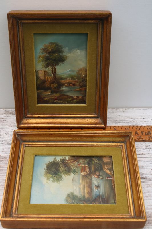 photo of mid century vintage landscape pictures, gold frames velvet matted paintings or painted prints  #7