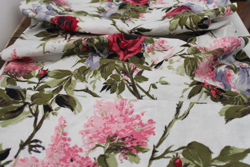 photo of mid-century vintage linen weave cotton fabric, large floral print in pink lavender olive #1