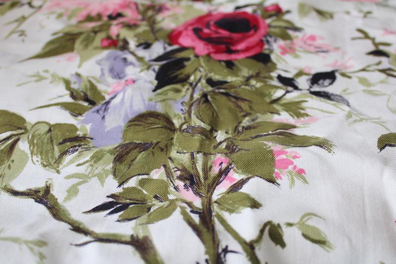 photo of mid-century vintage linen weave cotton fabric, large floral print in pink lavender olive #2