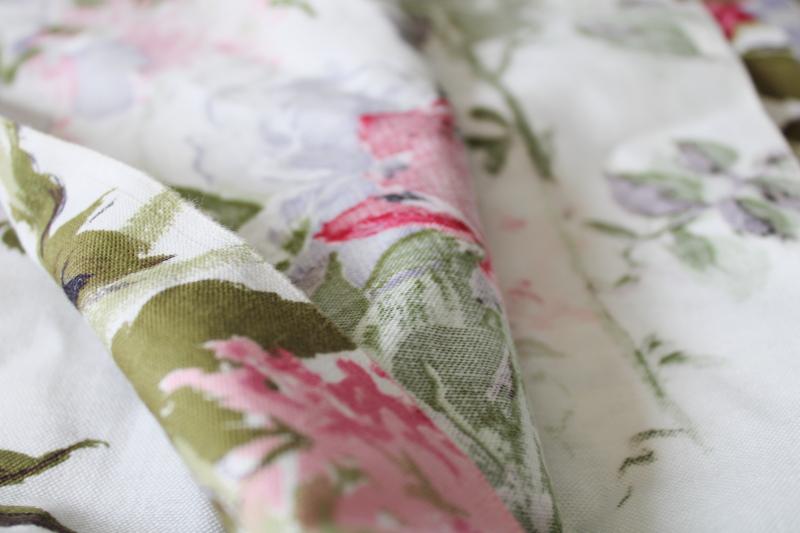 photo of mid-century vintage linen weave cotton fabric, large floral print in pink lavender olive #3