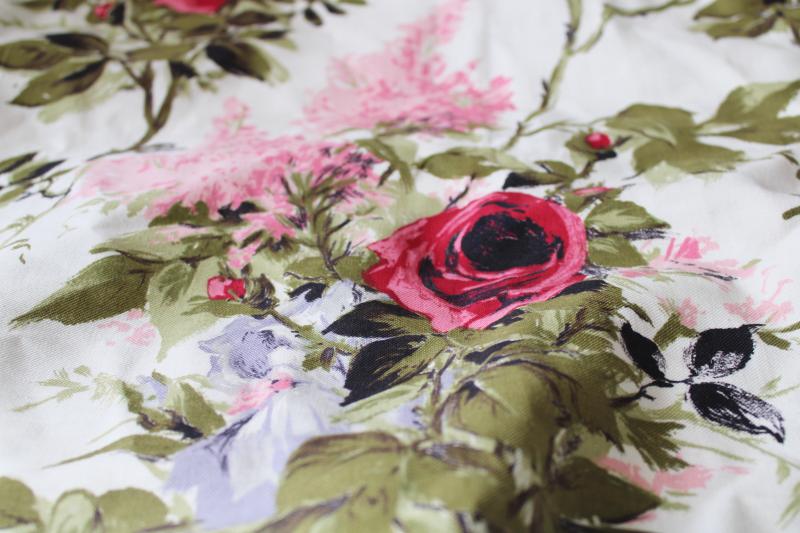 photo of mid-century vintage linen weave cotton fabric, large floral print in pink lavender olive #4