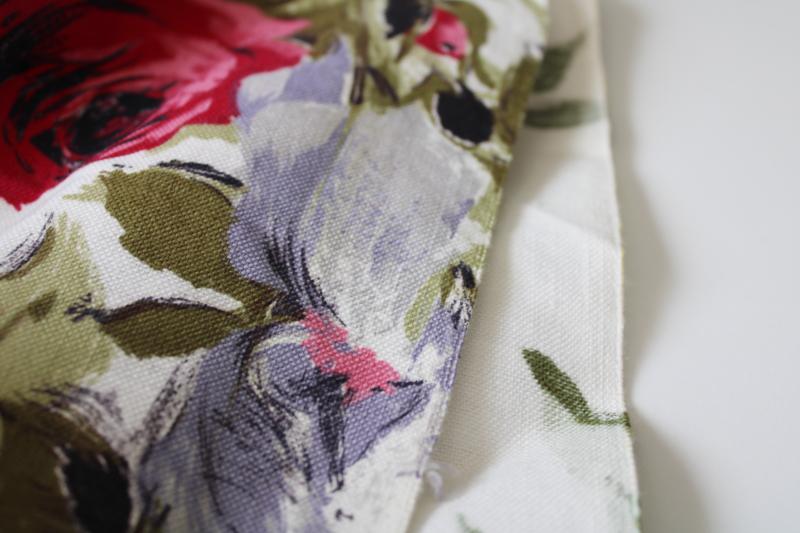 photo of mid-century vintage linen weave cotton fabric, large floral print in pink lavender olive #5