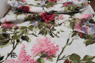 catalog photo of mid-century vintage linen weave cotton fabric, large floral print in pink lavender olive