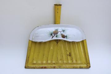 catalog photo of mid century vintage metal dust pan, yellow w/ pinecones print dustpan JV Reed? 